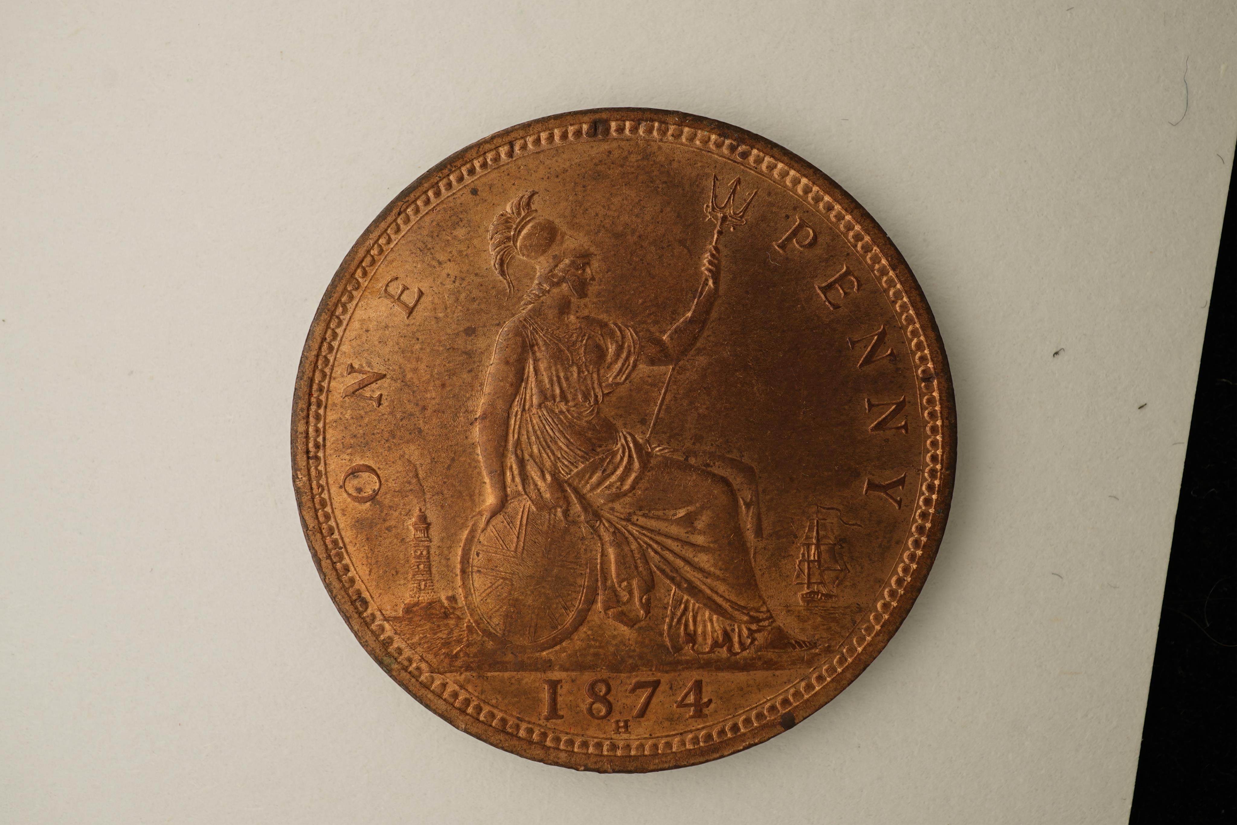 British coins, Victoria, three bronze pennies; 1872, Fr. 62, Gouby dies J/g, about EF, some lustre, 1873, Fr. 64, Gouby dies J/g, rim wear, die clash to Victoria’s neck, otherwise good EF, crisp reverse, much lustre, 187